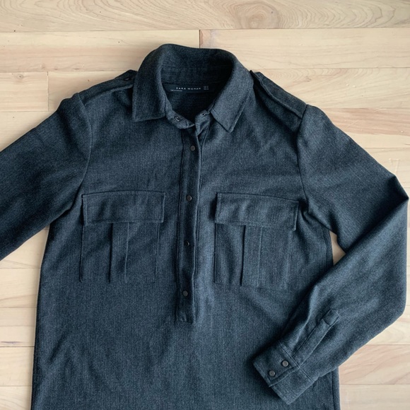 ZARA - Charcoal Shirt Dress | Long Sleeve, Pocket Detail - Picture 4 of 10